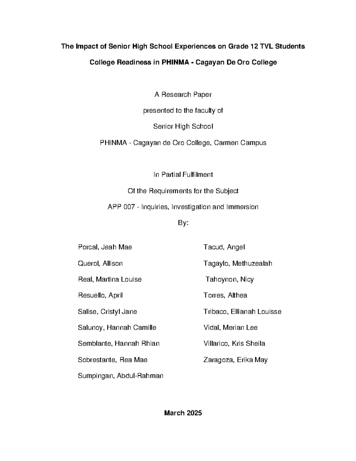 "APP 007: Impact of Senior High School Experiences on Grade 12 TVL ...