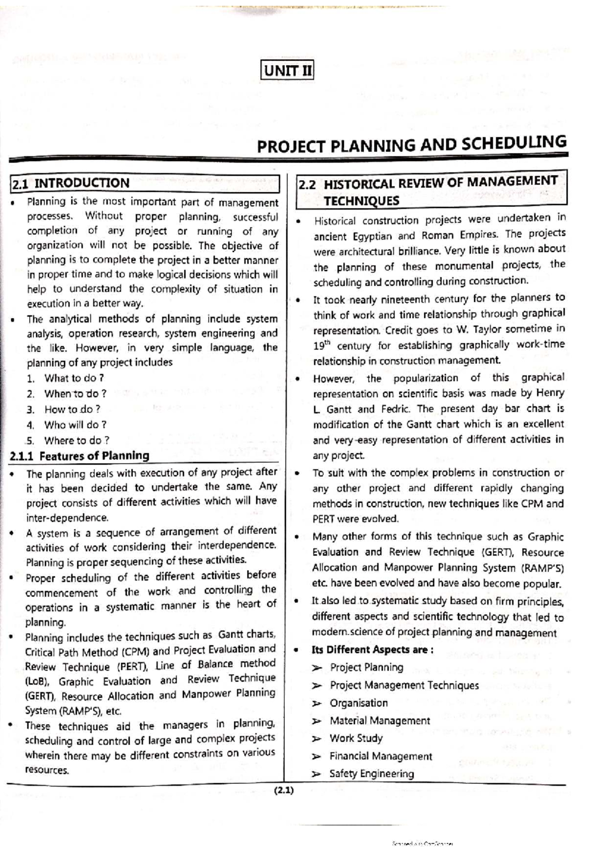 **PROJECT MANAGEMENT (2.1) UNIT II: PLANNING AND SCHEDULING TECHNIQUES ...