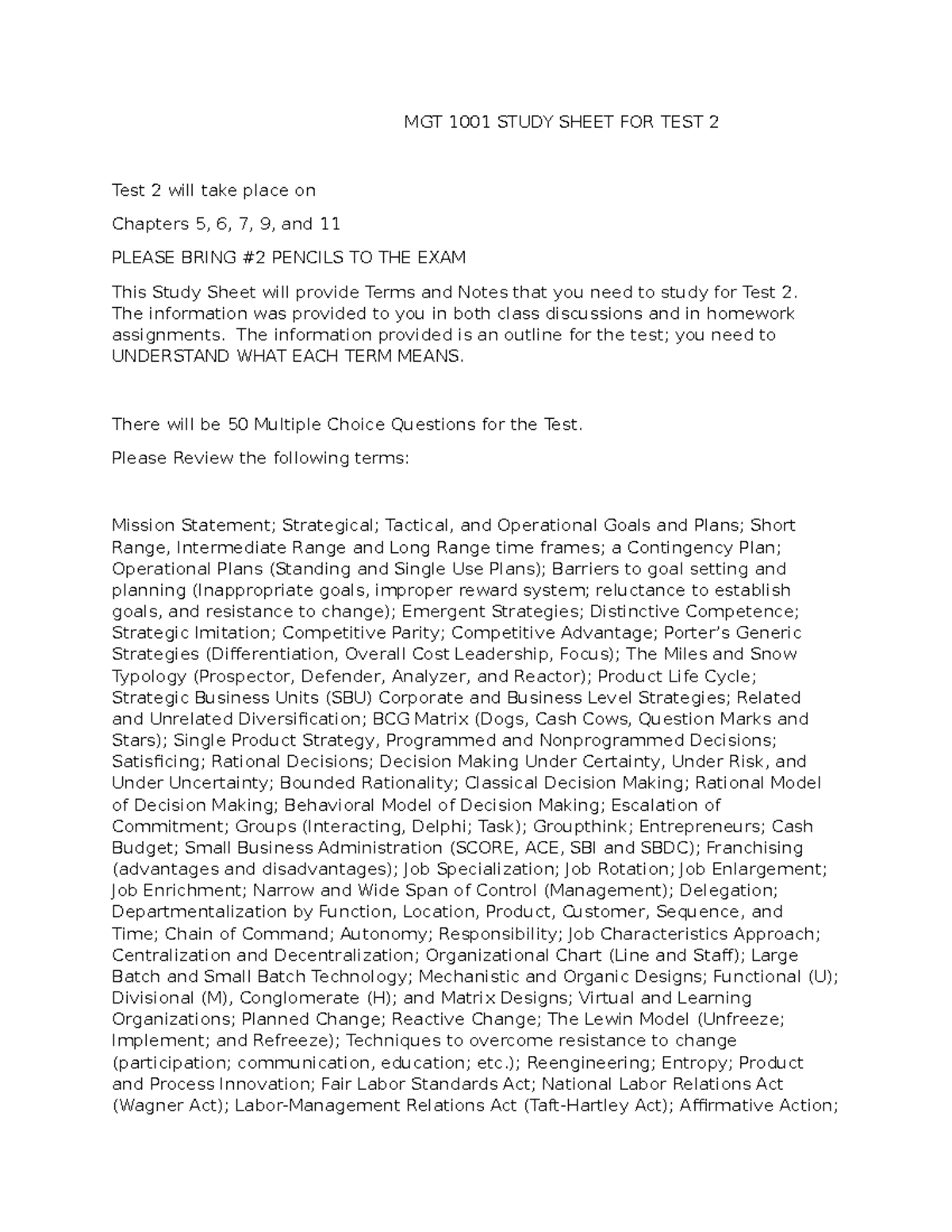 MGT 1001 Test 2 Study Sheet: Key Terms & Concepts Overview - Studocu