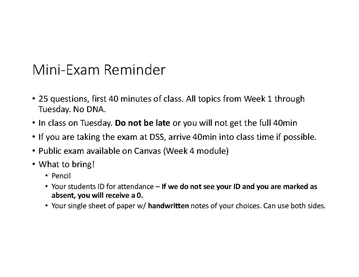 Week 3 & 4 Lecture Slides: DNA Structure and Mini-Exam Details - Mini ...