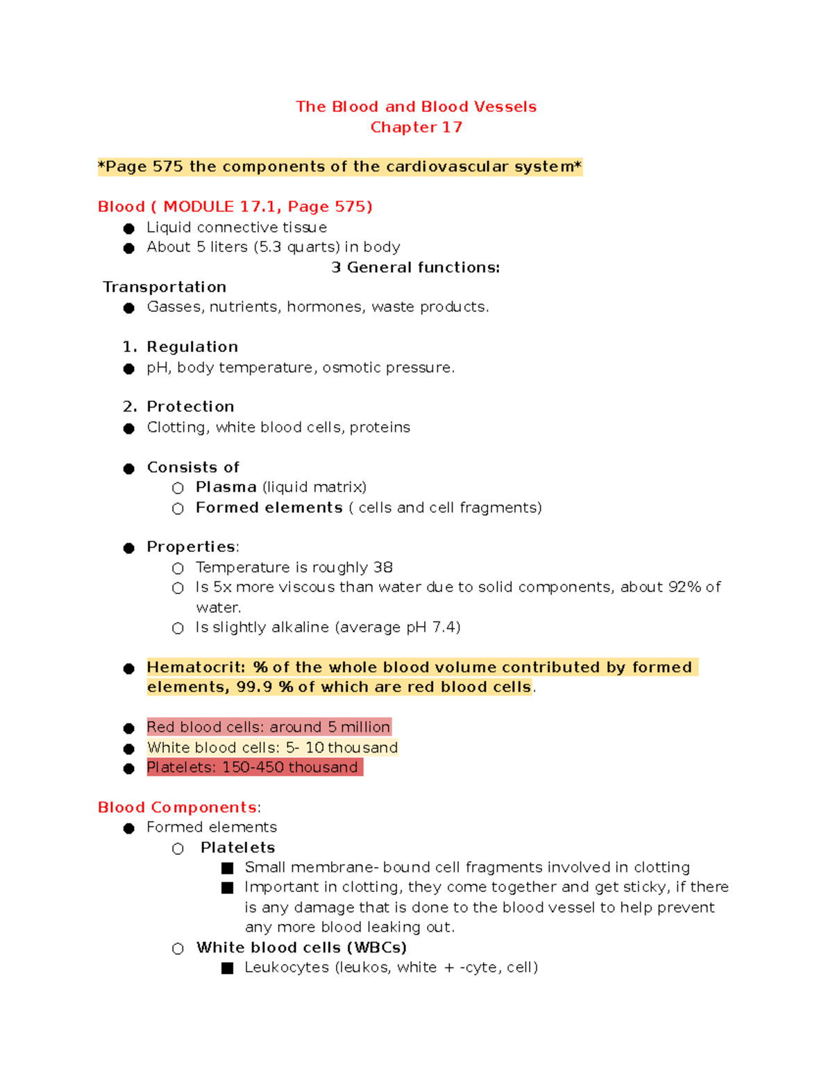 Blood and Heart Notes: Overview of Blood Components and Functions - Studocu