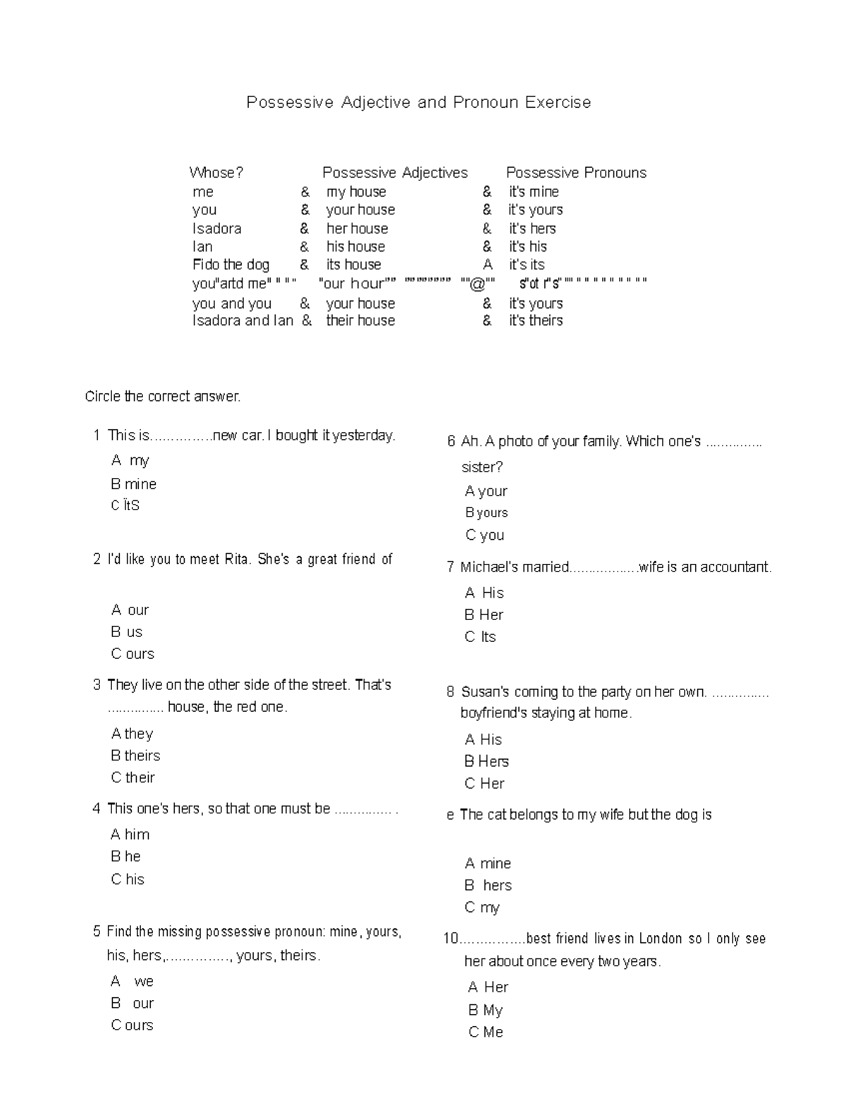 Possessive Adjectives & Pronouns Exercise - ENG 1 - Studocu