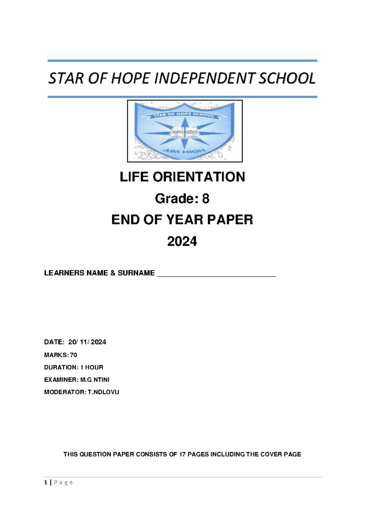 LIFE ORIENTATION GRADE 8 END OF YEAR PAPER 2024 - Studocu
