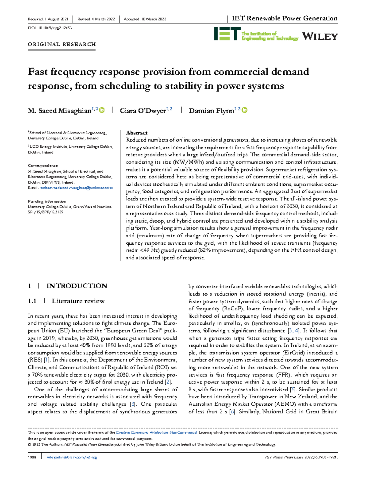 Fast frequency response provision from commercial - Received: 1 August ...
