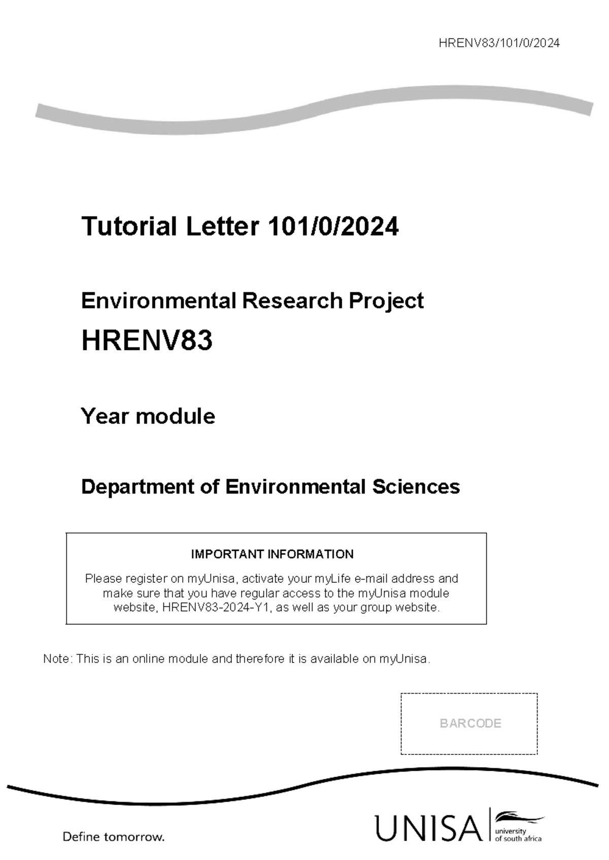 HRENV83/101/0 - Tutorial Letter 101: Environmental Research Notes - Studocu