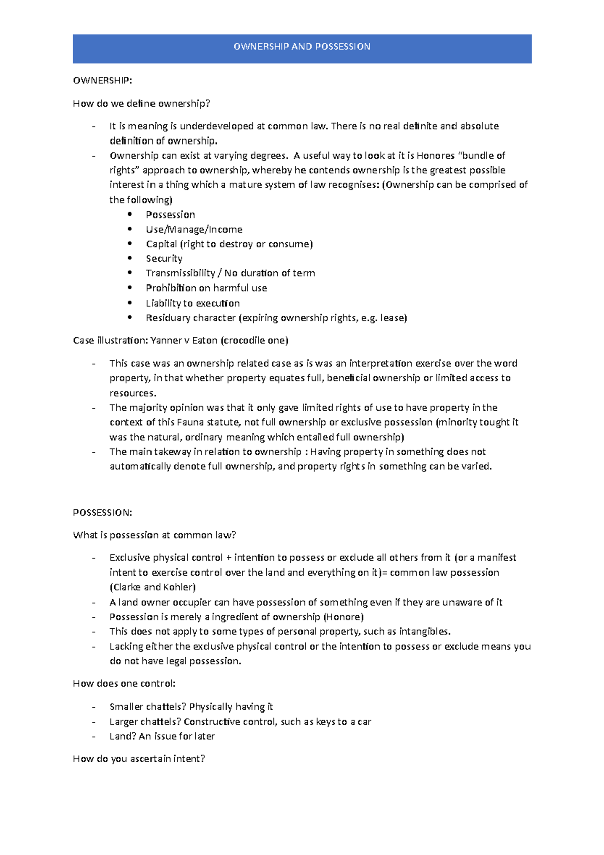 Ownership and possesion - OWNERSHIP: How do we define ownership? It is ...