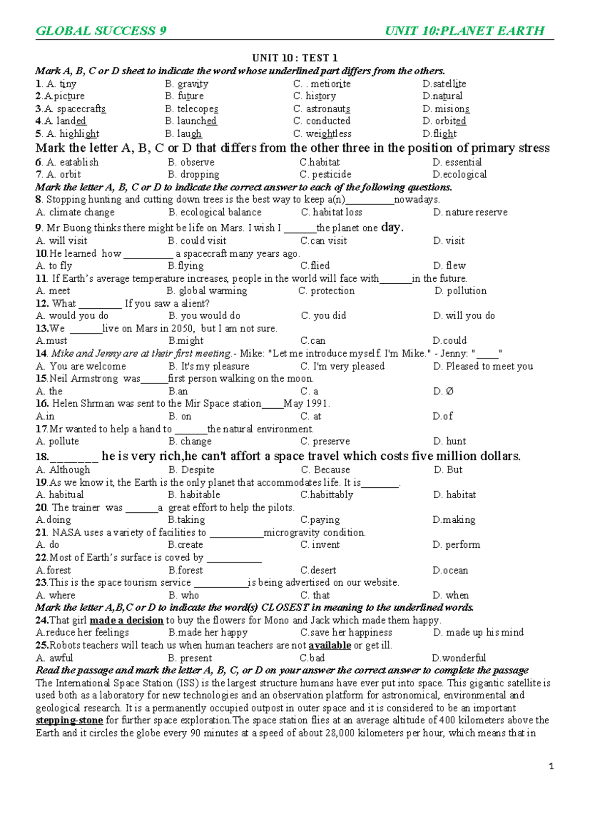 GLOBAL SUCCESS 9 UNIT 10: PLANET EARTH - PRACTICE TEST - Studocu