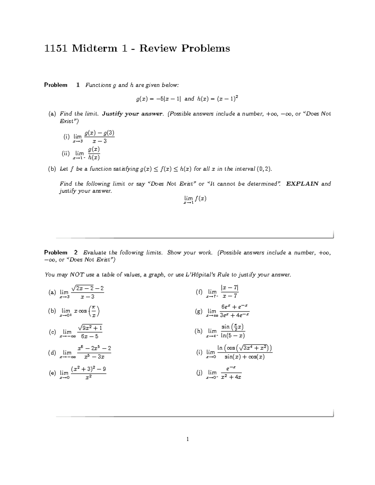 1151 Midterm 1 Review Problems and Solutions - Studocu