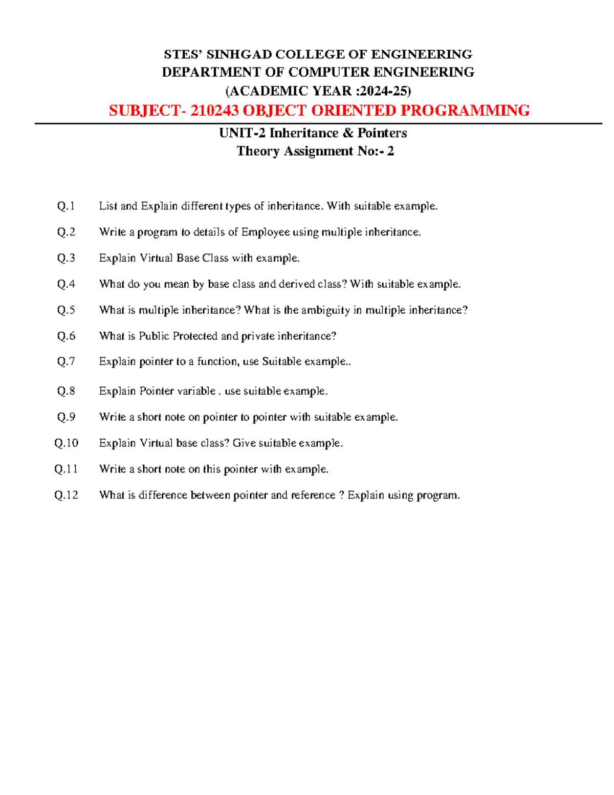 OOP Theory Assignment 2 - Unit 2: Inheritance & Pointers (210243) - Studocu