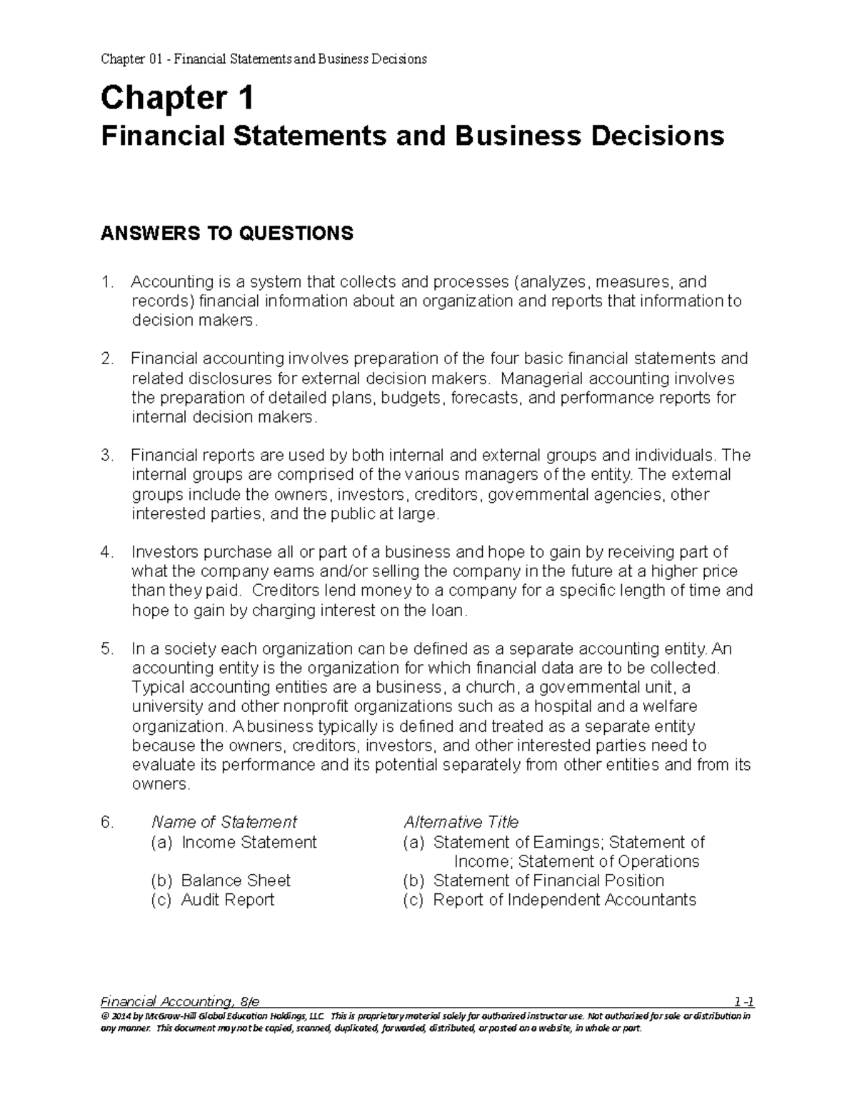 Chapter 01 Financial Statements and Business Decisions - Lecture Notes ...