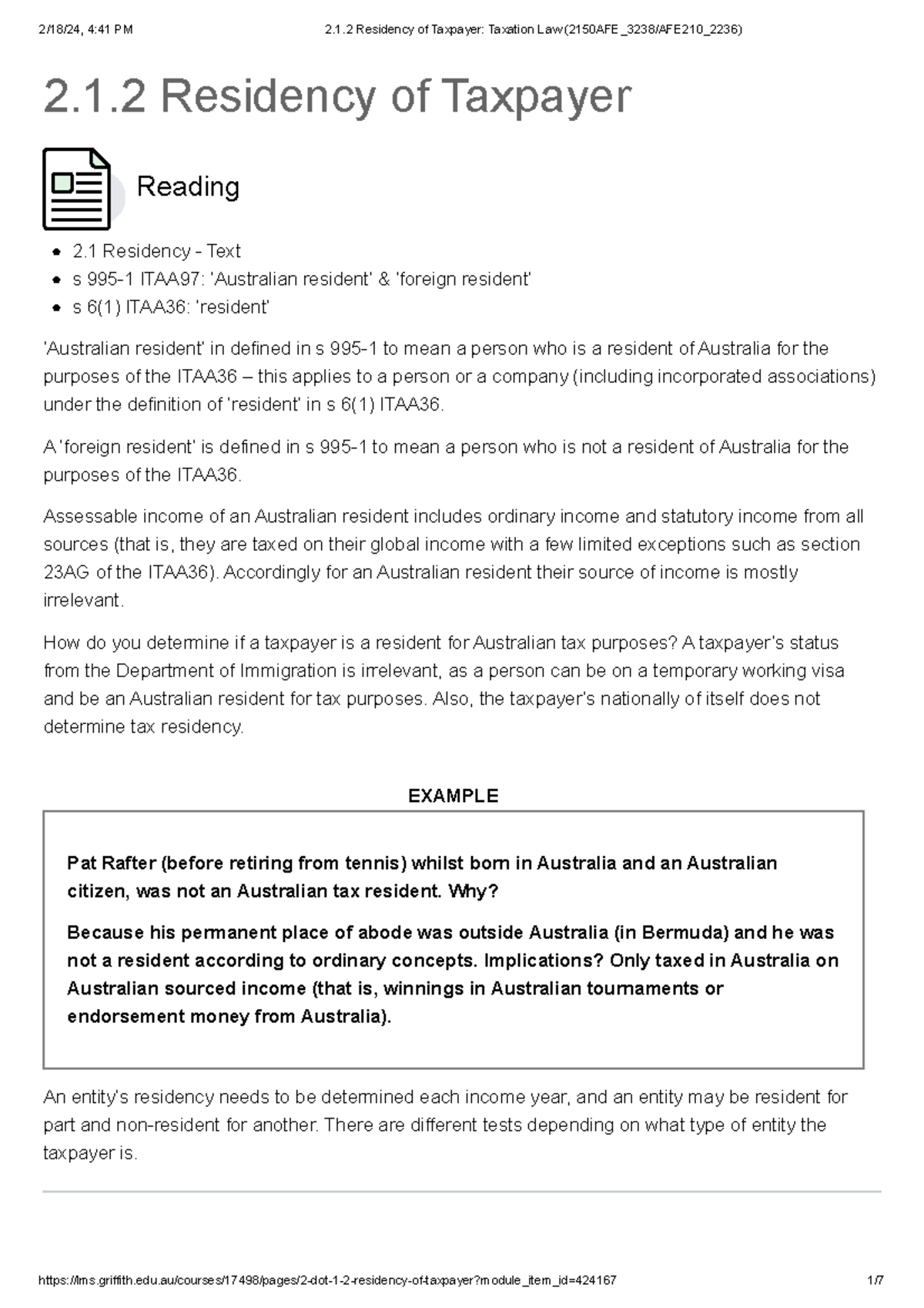 Residency of Taxpayer: Taxation Law Study Notes (2150AFE 3238 AFE210 ...