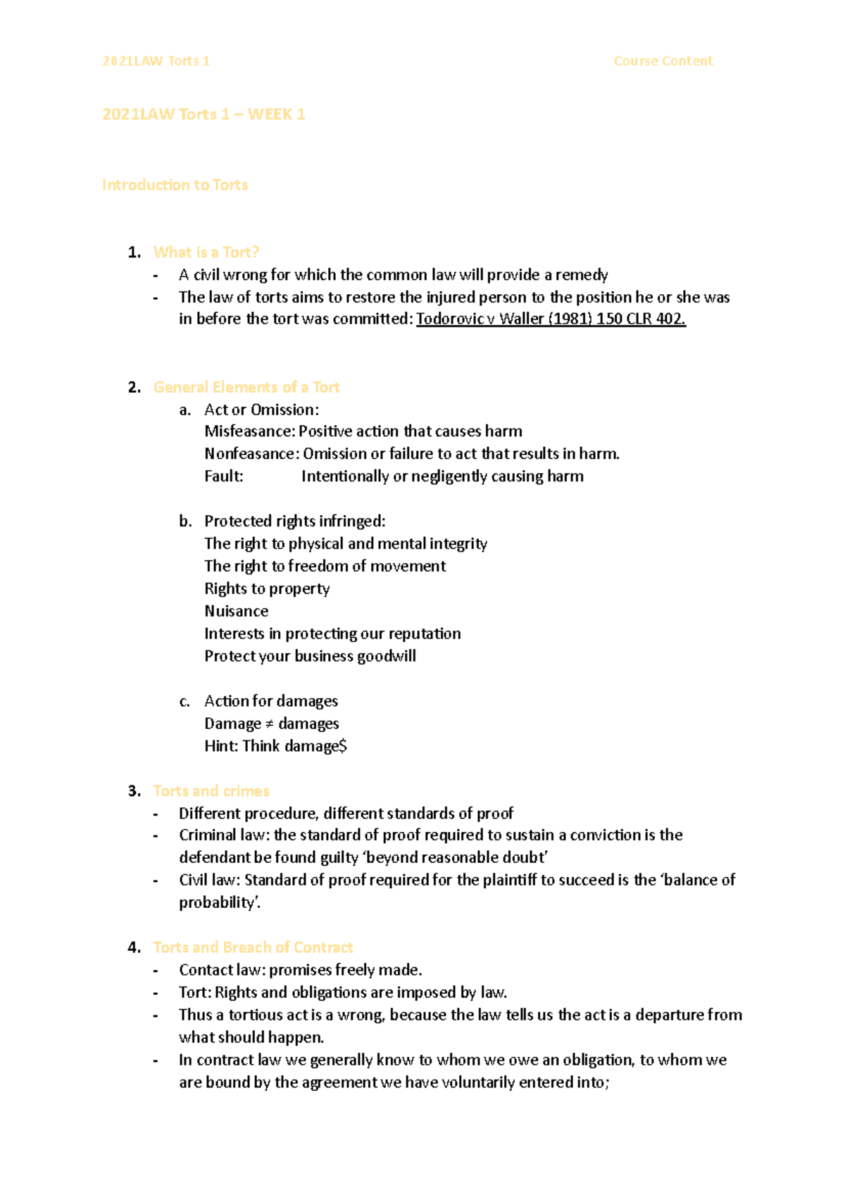 2021LAW Torts 1 – Week 1: Overview and Key Concepts - Studocu