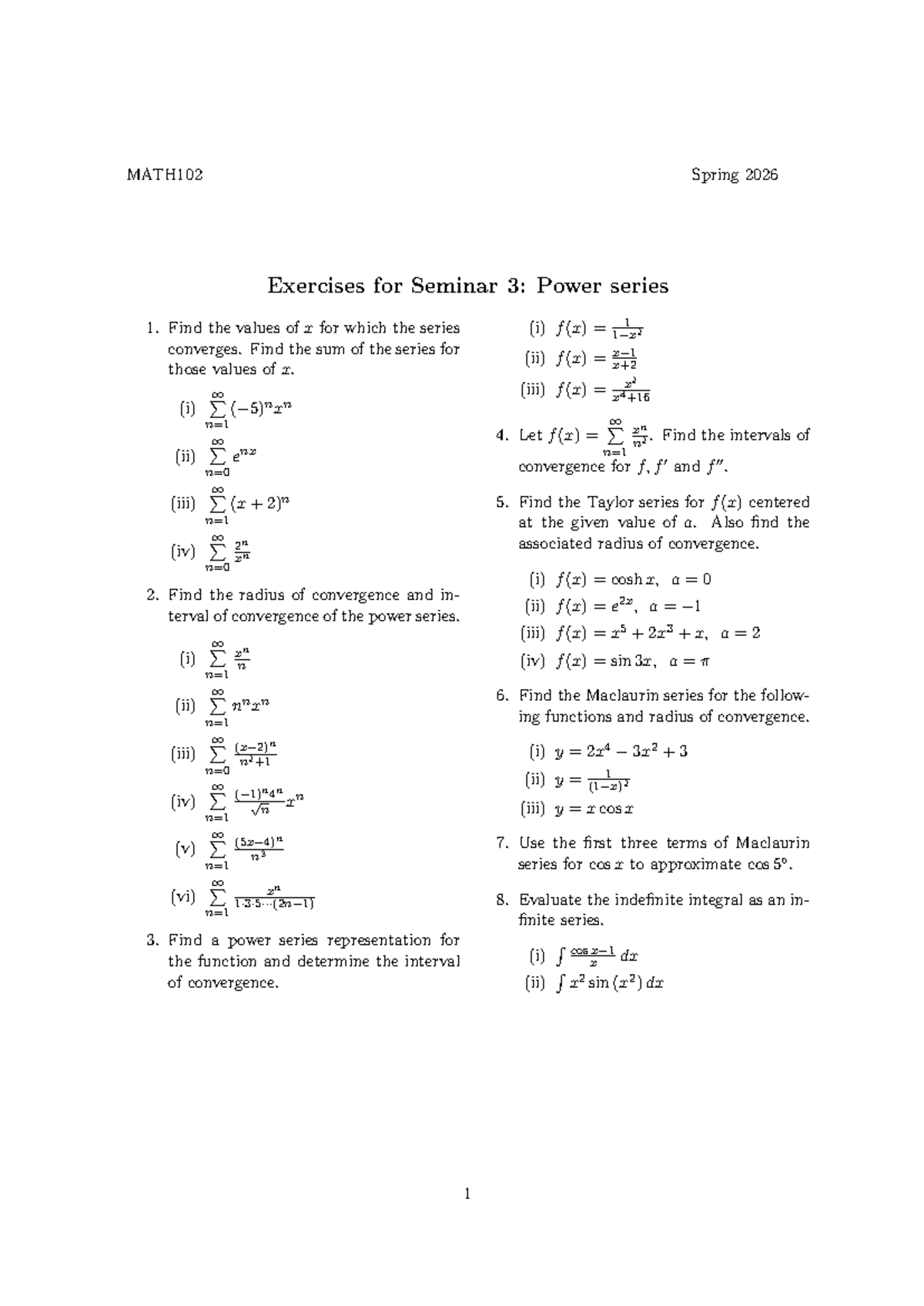 MATH102 Spring 2026 Seminar 3: Power Series Exercises - Studocu