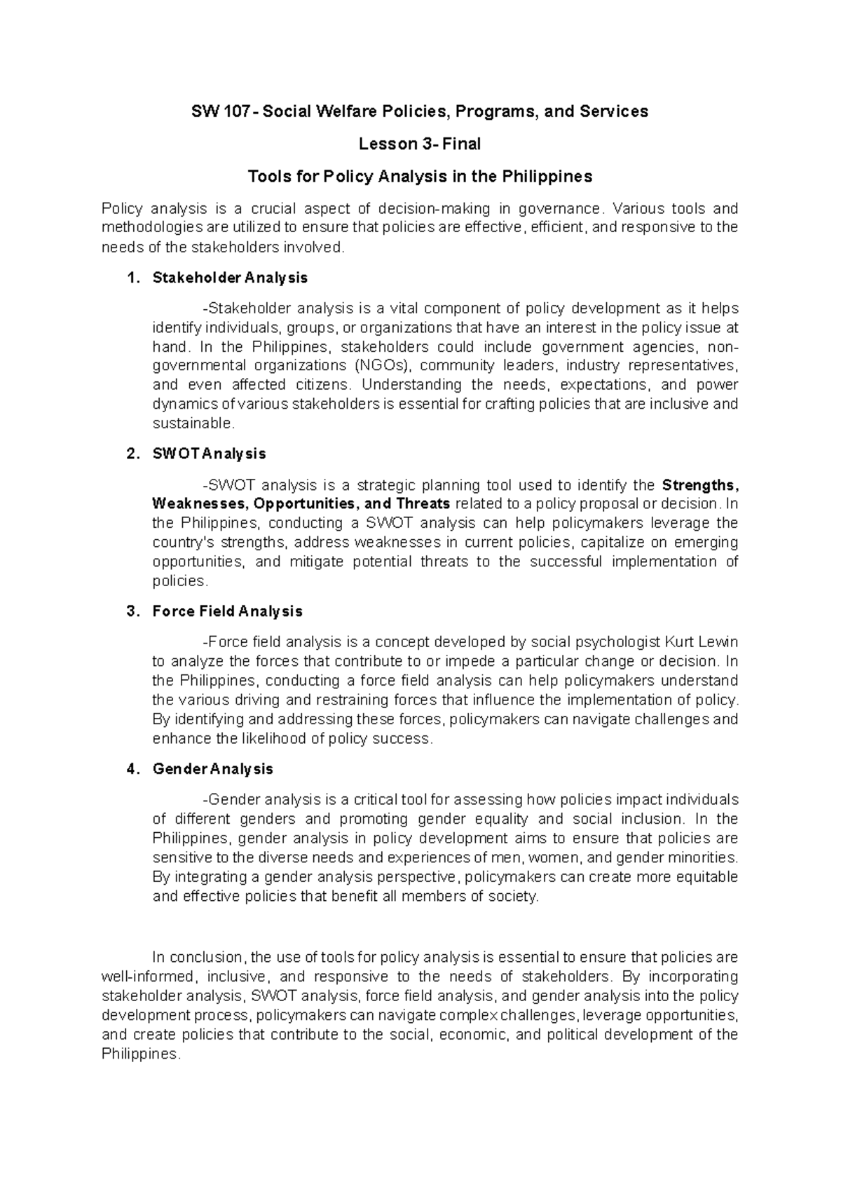 SW Social Welfare Policies, Programs, and Services Lesson: Tools for ...