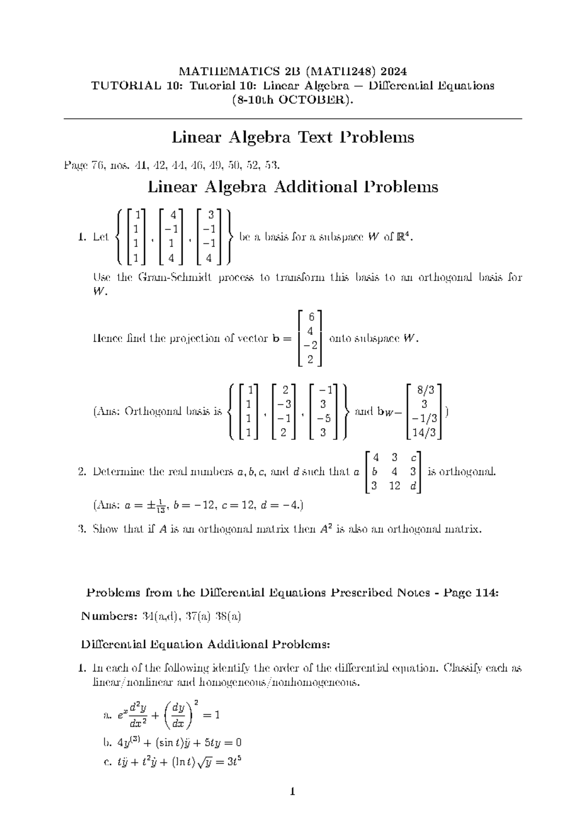 MATHEMATICS 2B (MATH248) 2024 TUTORIAL 10: Linear Algebra & DE - Studocu