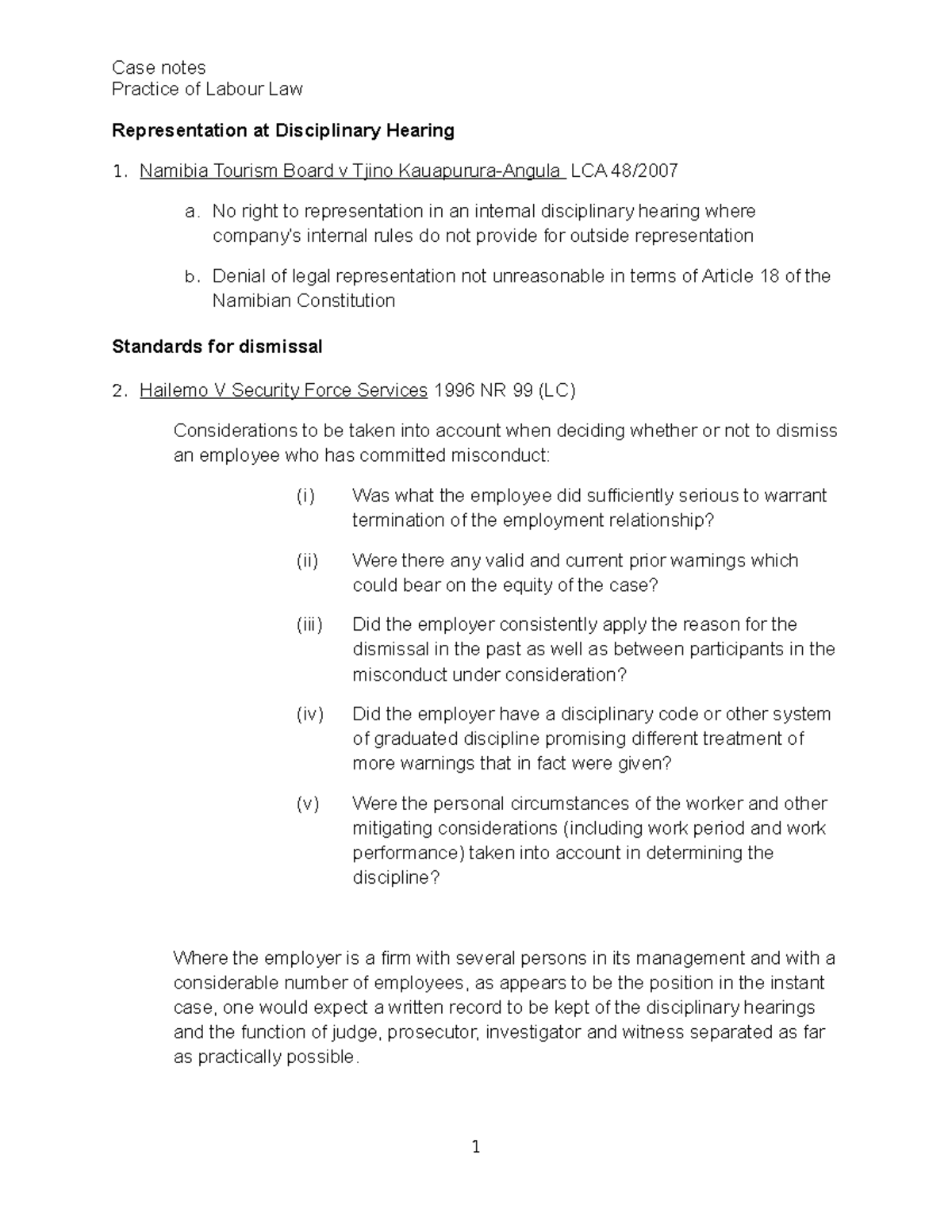 Labour Law Case Notes for LLB Students: Disciplinary Procedures ...