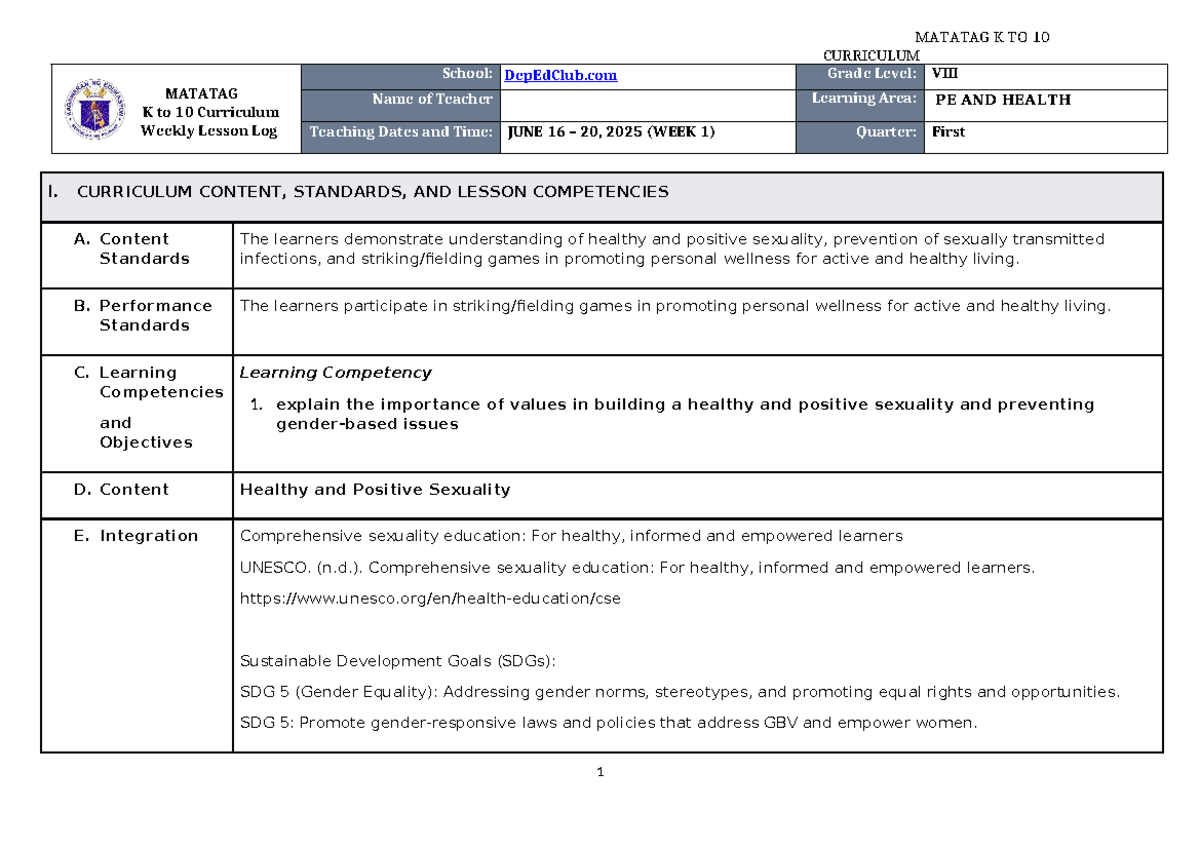 DLL Matatag K to 10 PE & Health 8 Weekly Lesson Log Q1 W1 - Studocu