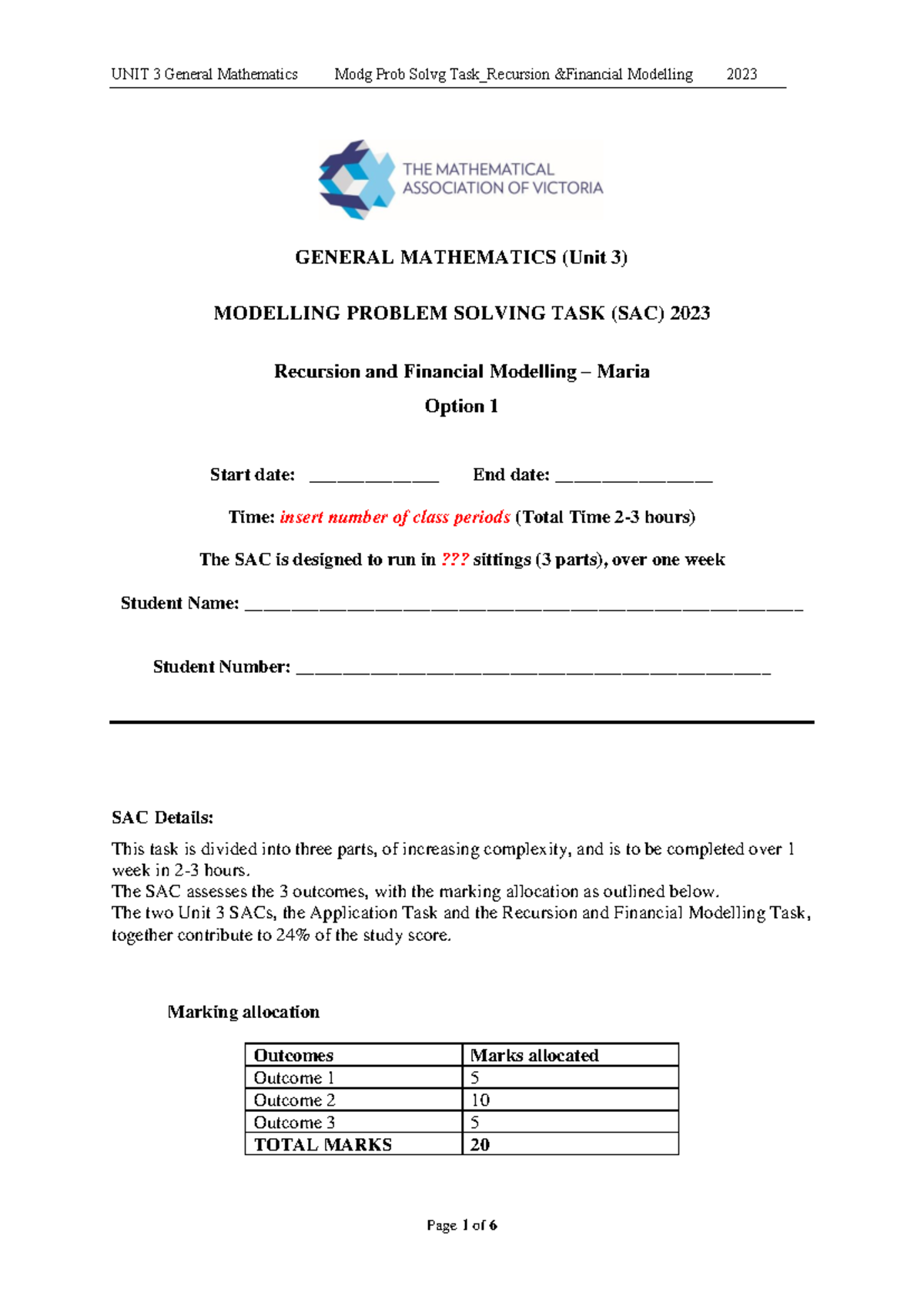 2023MAV General Mathematics Modelling Problem Solving Task - Recursion ...