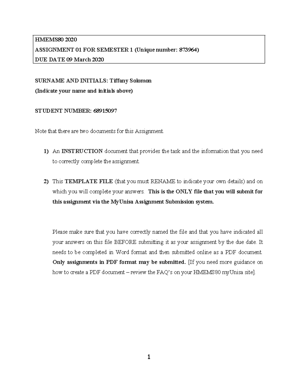 Assignment 1 for HMEMS80 - HMEMS80 2020 ASSIGNMENT 01 FOR SEMESTER 1 ...