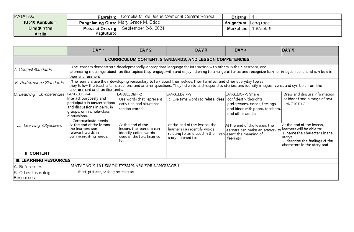 Matatag Kto10 Curriculum Lesson Plan for Grade 1 Language - Studocu