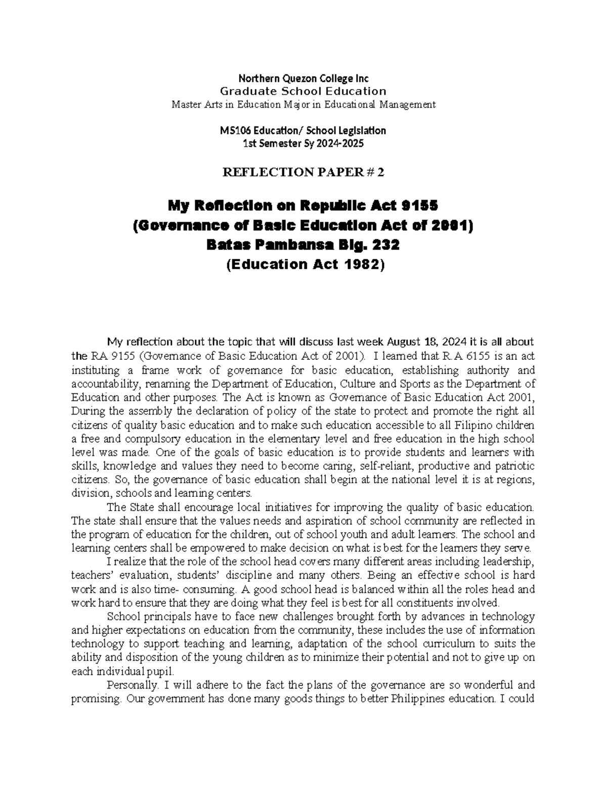 Reflection #2 on RA 9155: Insights on Governance in Education (MS106 ...