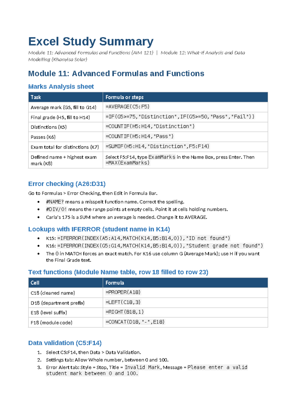 Excel Modules 11 & 12 Study Summary: Advanced Formulas & Data Analysis ...