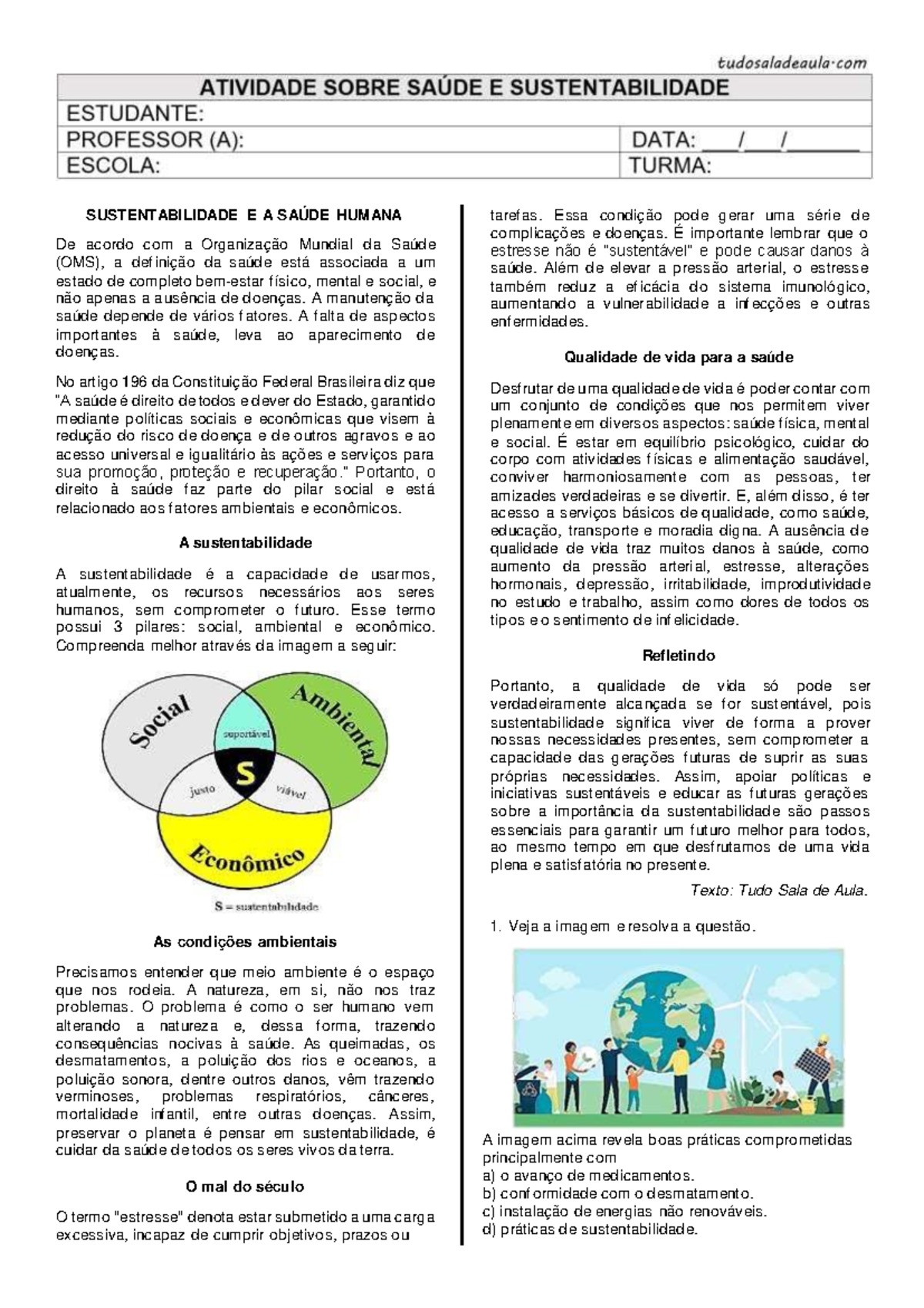 SUSTENTABILIDADE E SAÚDE HUMANA - TUDO SALA DE AULA - Studocu