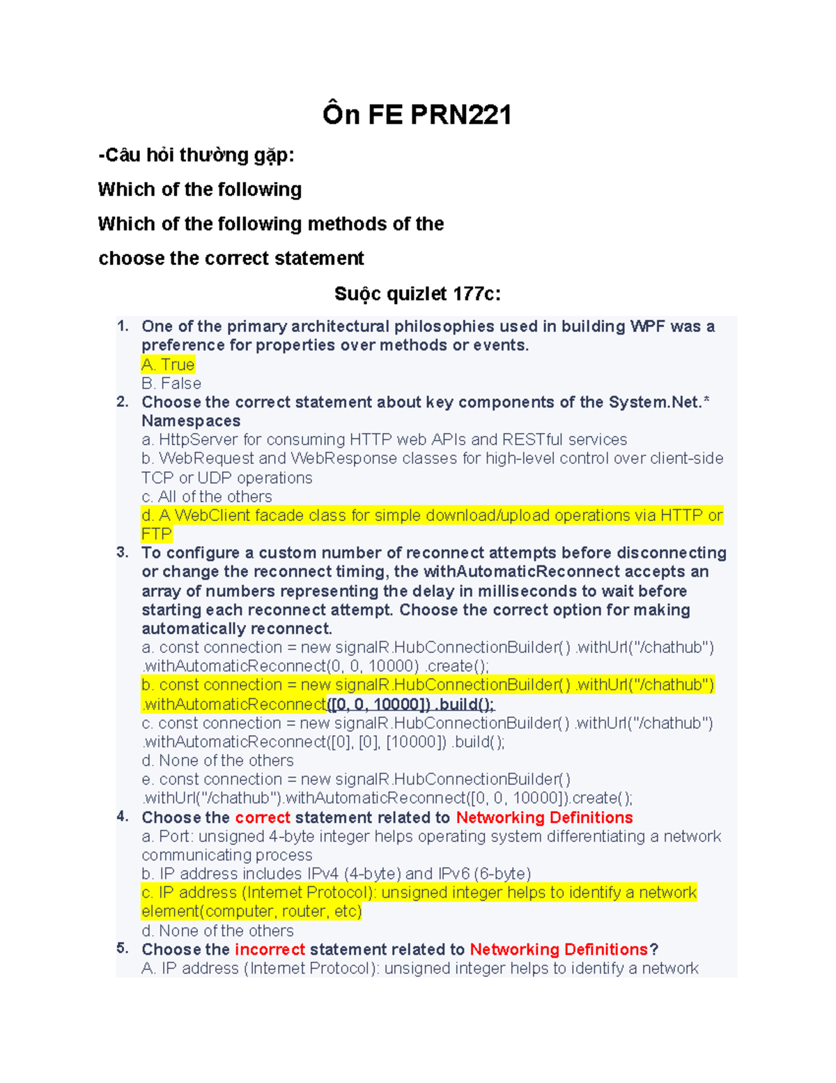 Ôn Tự Học FE PRN221 - Câu Hỏi Thường Gặp và Quizlet - Studocu