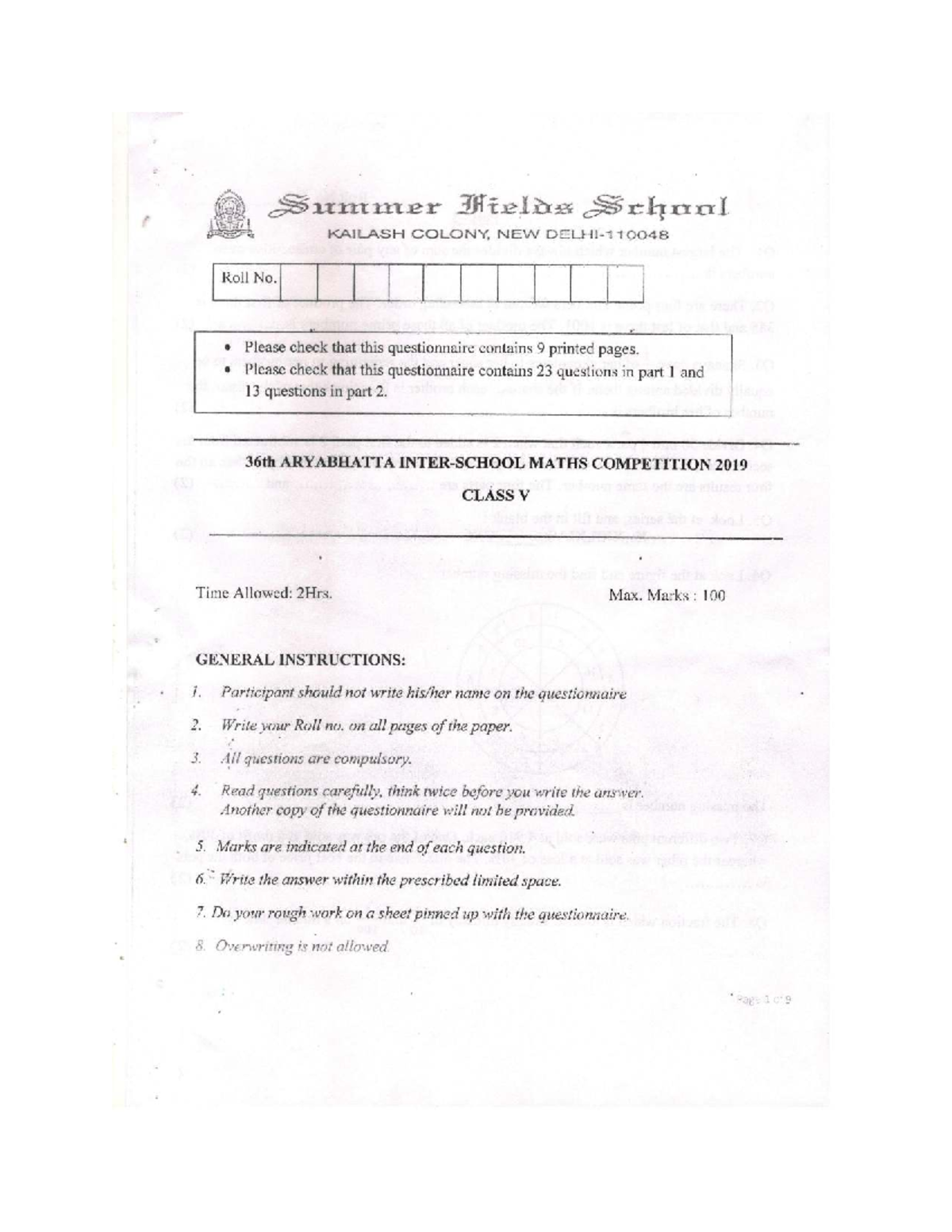 Aryabhatta Maths Competition 2019 - Class V Question Paper - Studocu