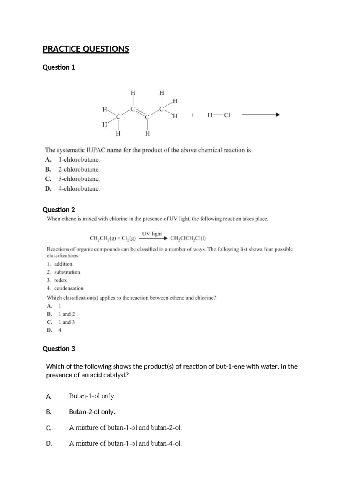 Chemistry Practice Questions for Exam Preparation - Studocu