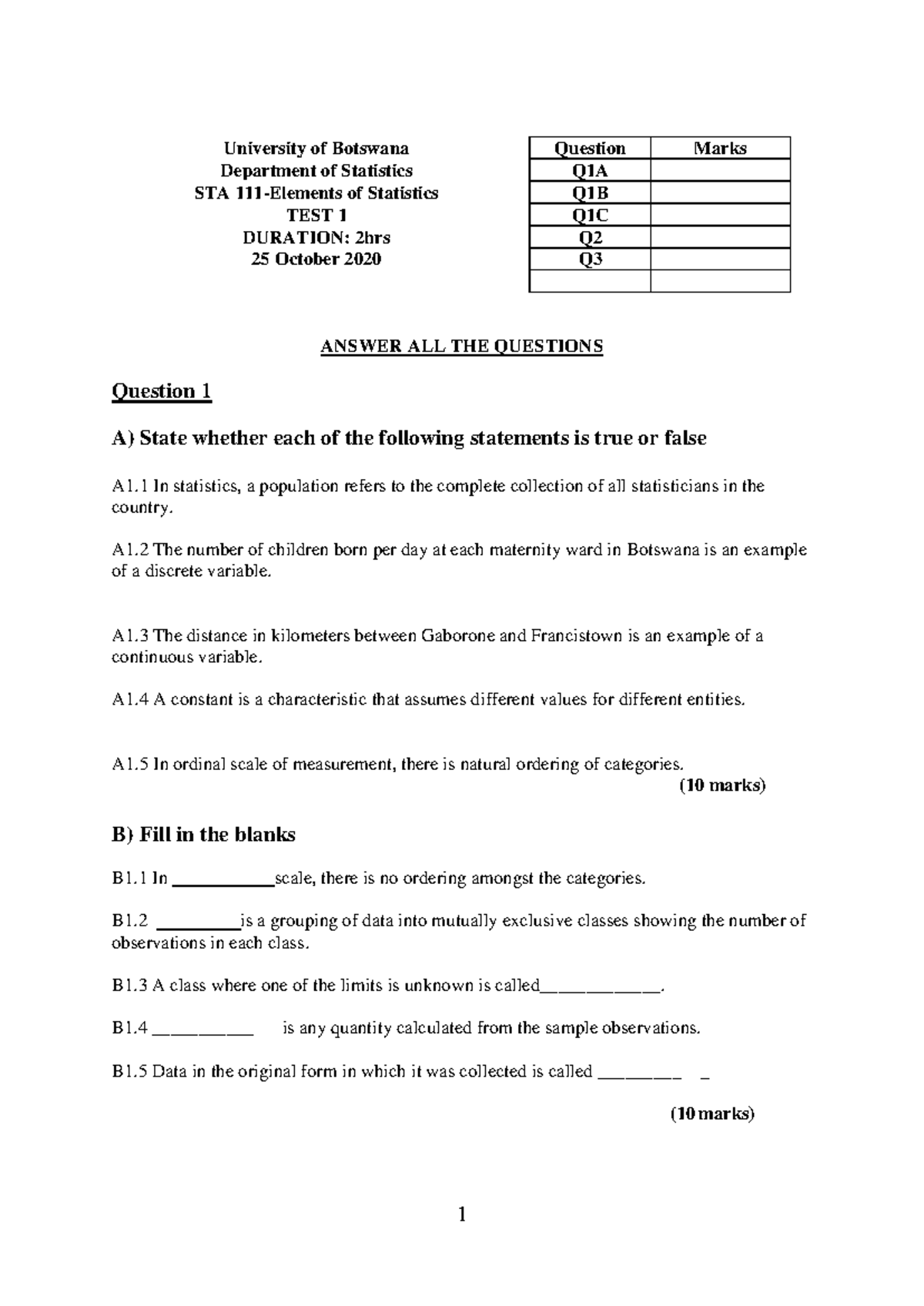 STA 111 Test 1 2020: Statistics Questions and Answers - Studocu