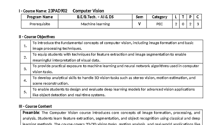 Computer Vision Course Overview: 23PAD902 - AI & Machine Learning - Studocu
