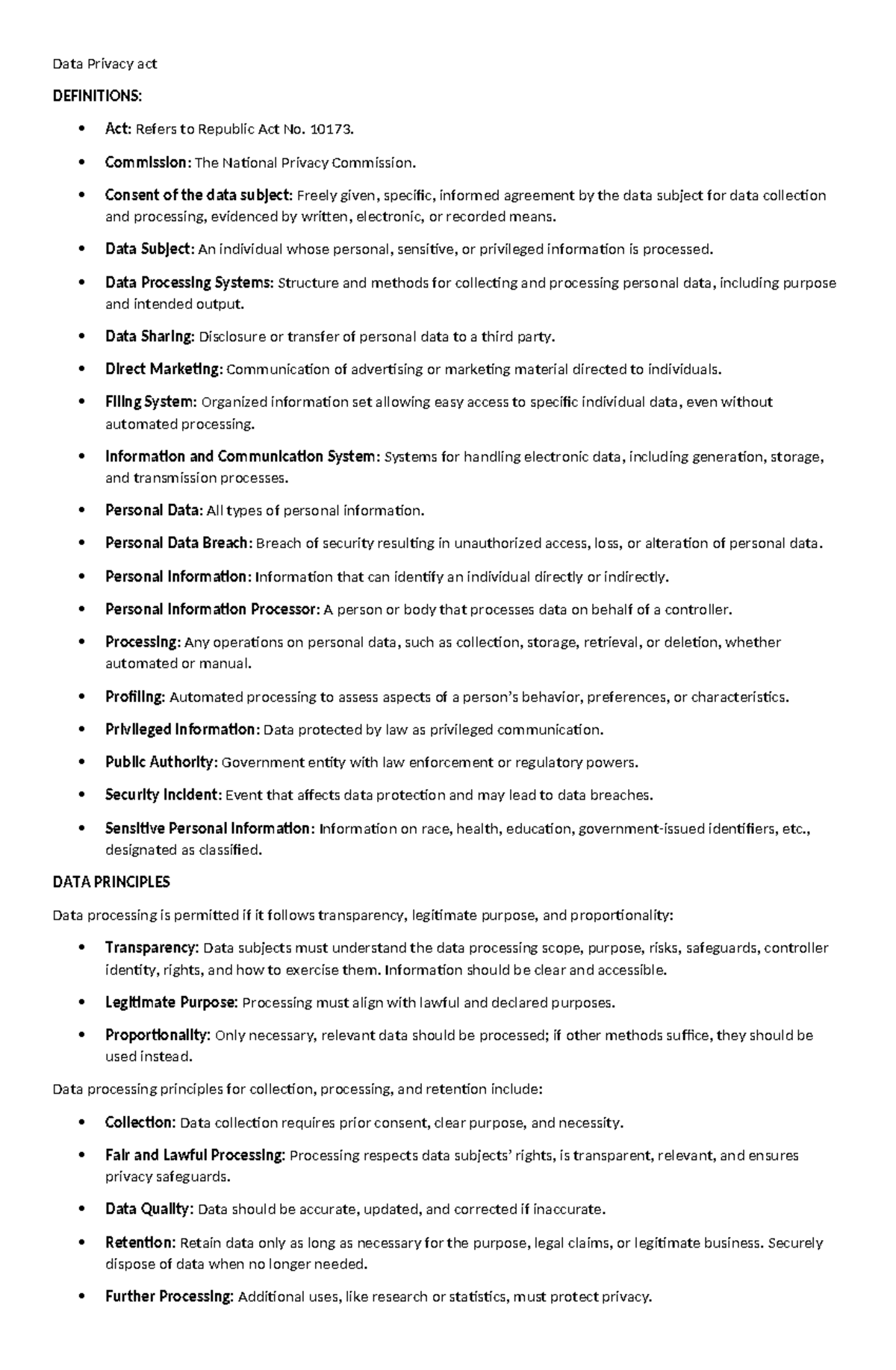 Data Privacy Act: Key Definitions and Principles for Compliance - Studocu