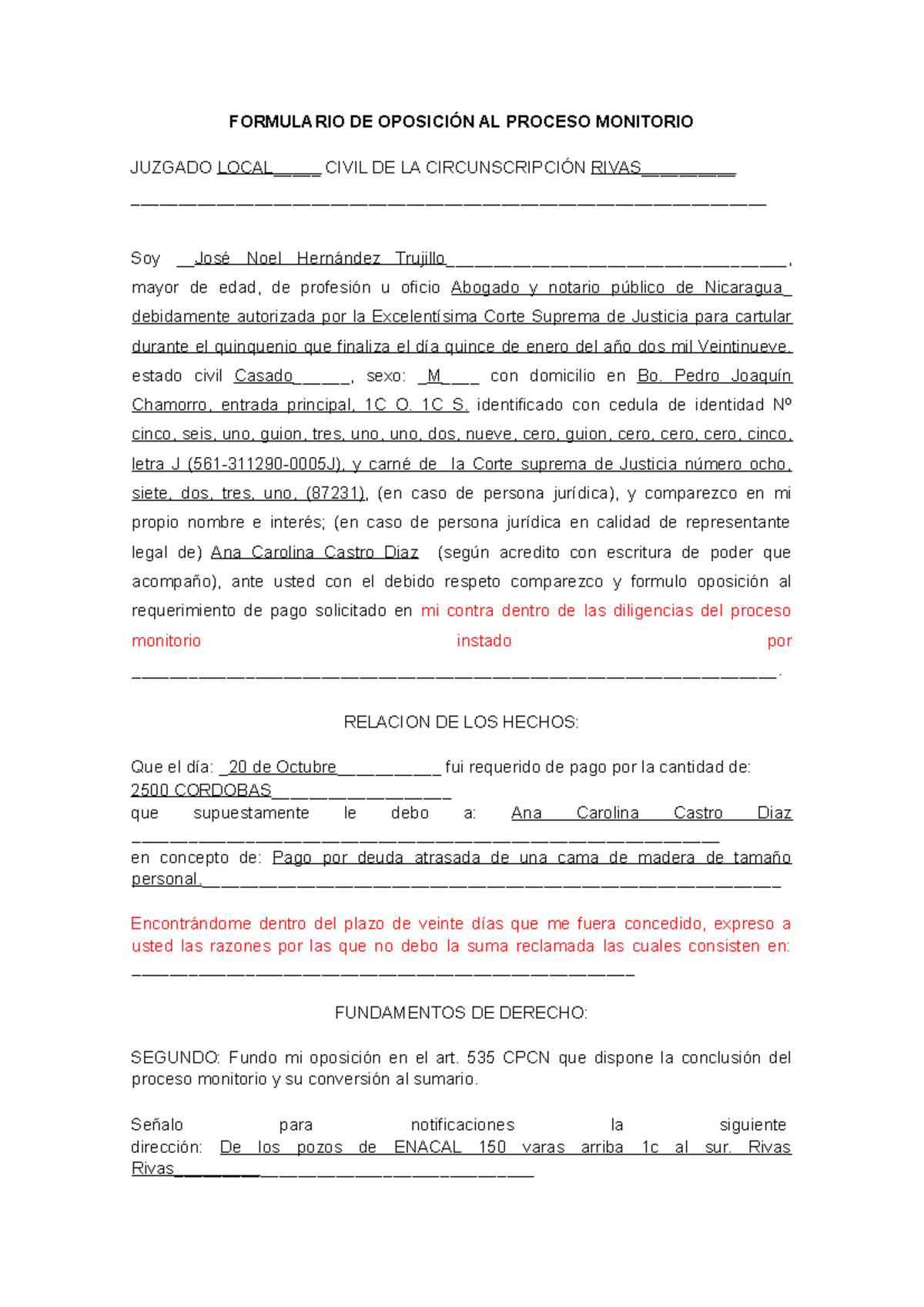 Oposición Proceso Monitorio - Formulario y Hechos | Nicaragua - Document Preview