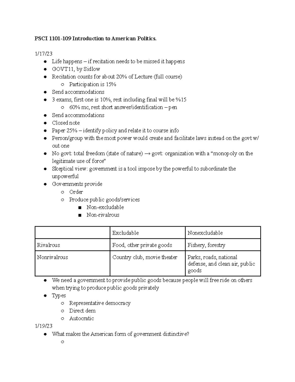 PSCI 1101-109 Class Notes - PSCI 1101-109 Introduction to American ...
