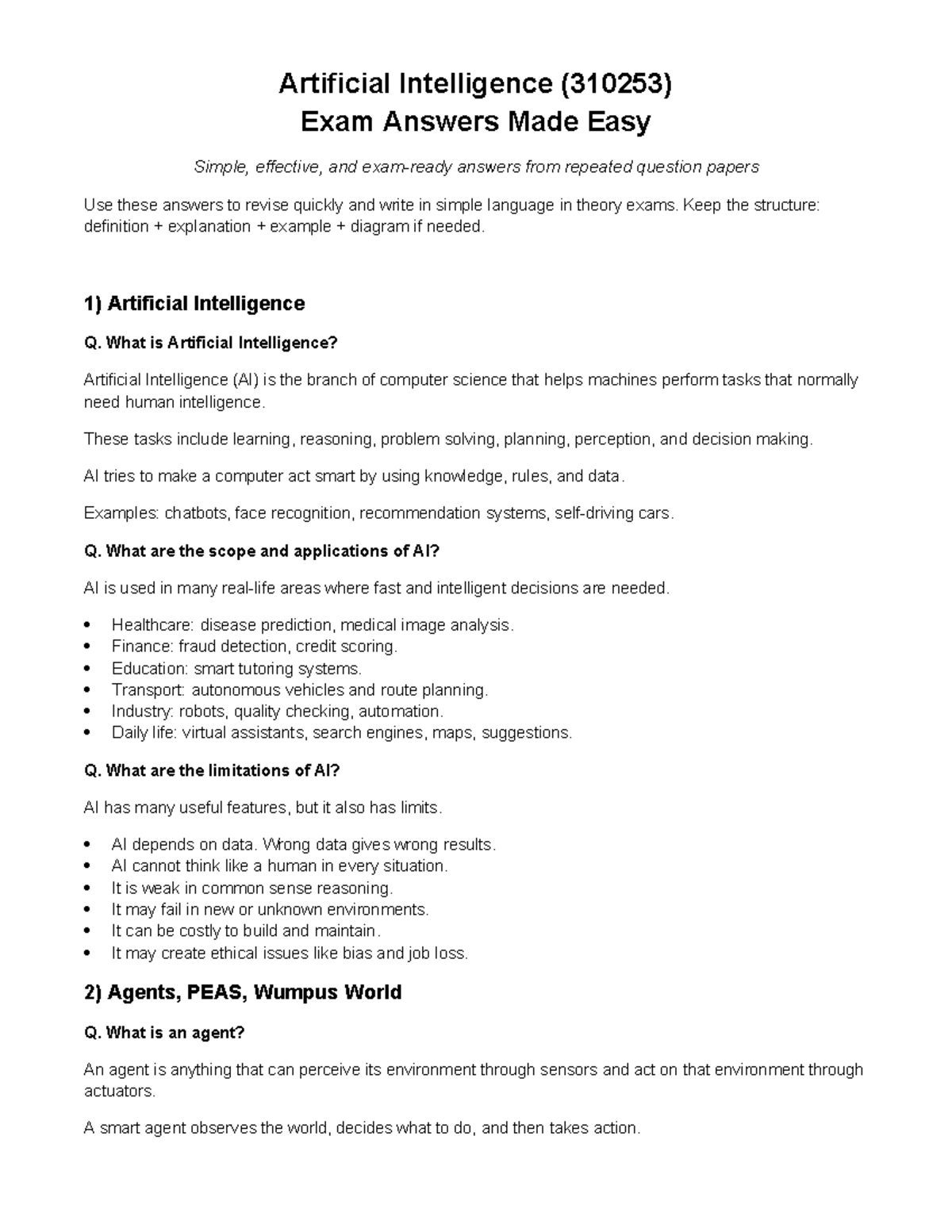 AI (310253) Exam Answers: Simple Revision Guide - Studocu