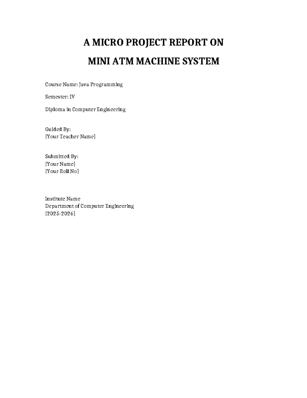 Mini ATM Machine System Micro Project Report - Java Programming - Studocu