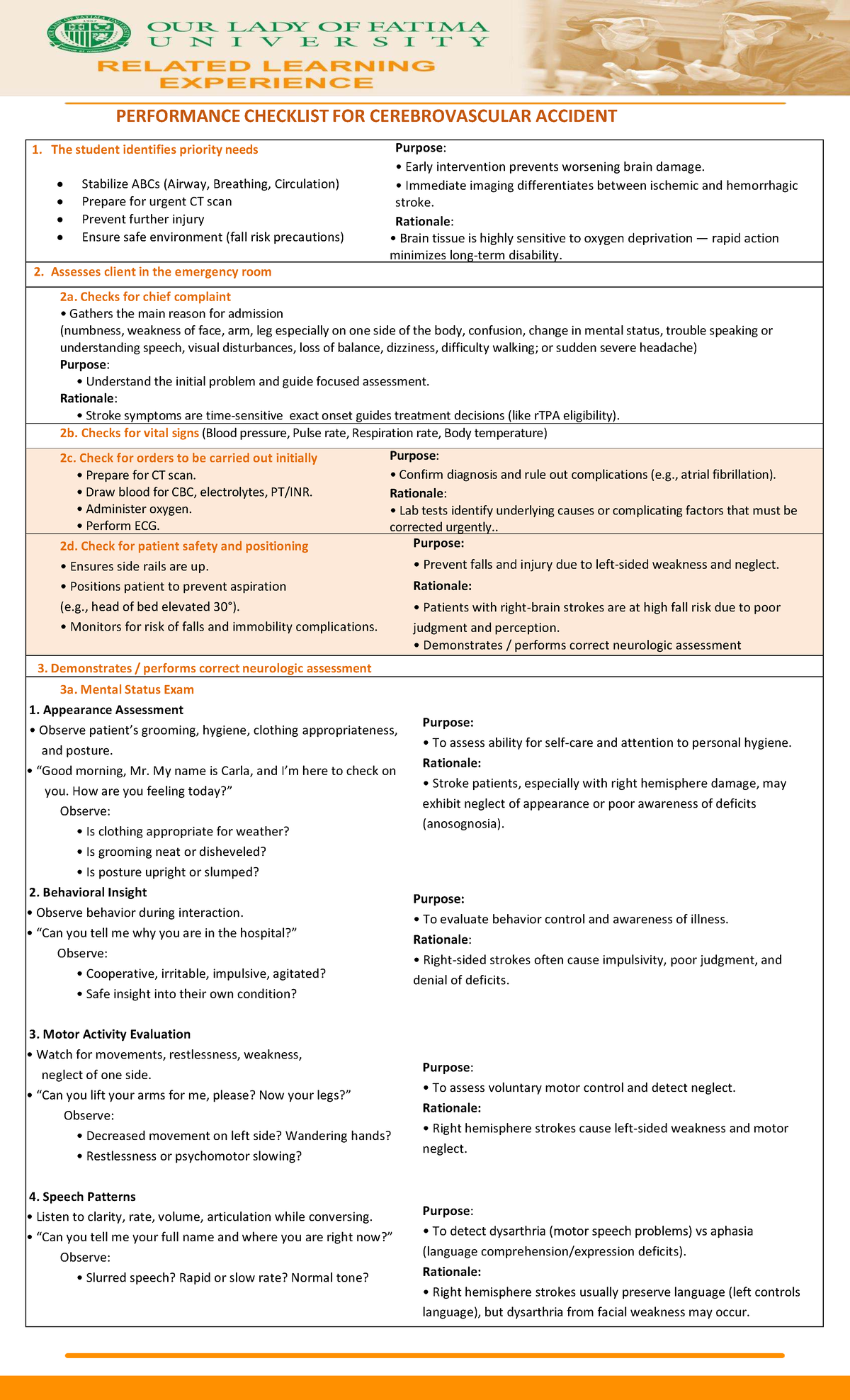 CVA- Performance Checklist for Stroke Assessment and Care Plan - Studocu