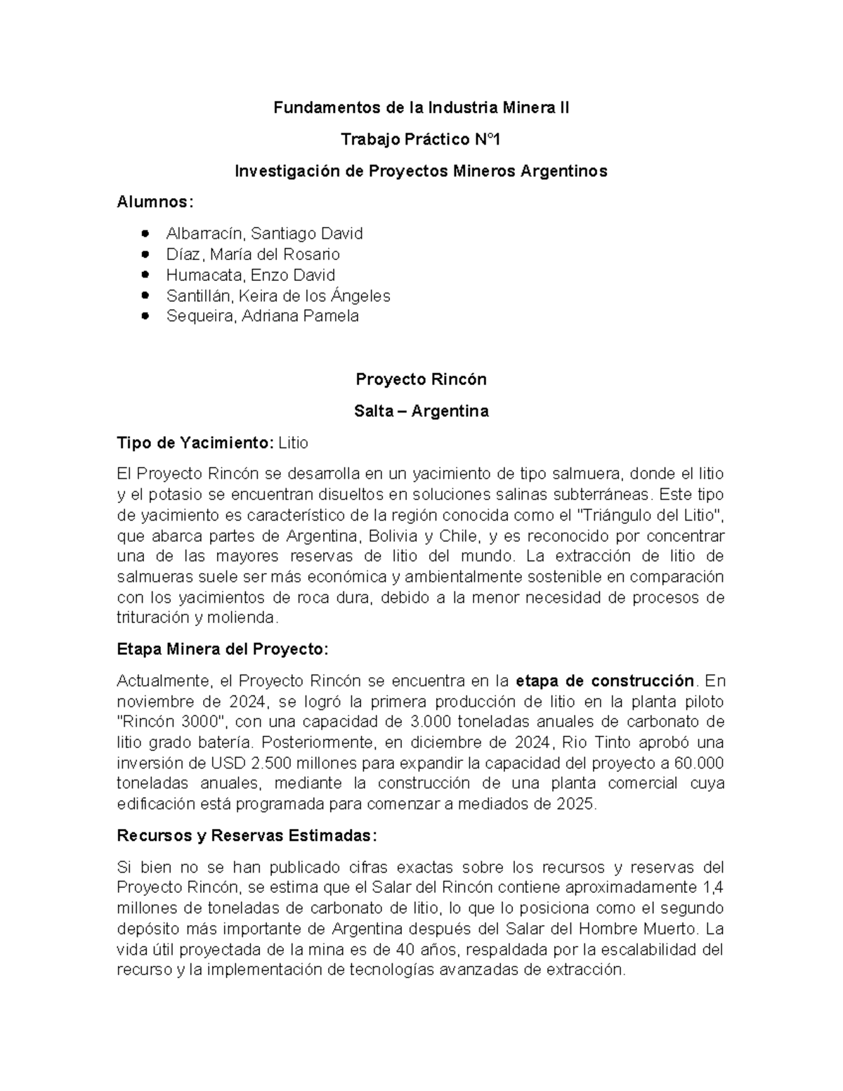 TP N°1: Investigación sobre el Proyecto Rincón y su Yacimiento de Litio ...
