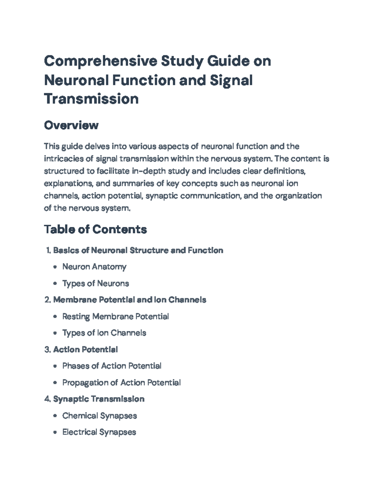 Comprehensive Study Guide on Neuronal Function and Signal Transmission ...
