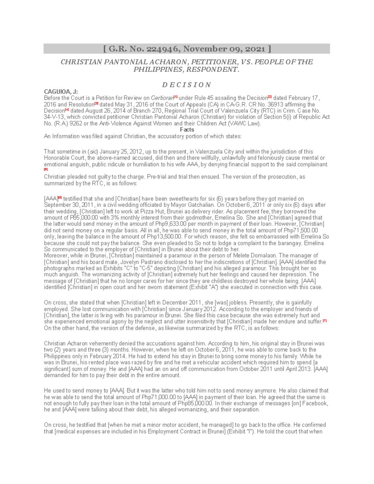 G.R. No. 224946: Acharon vs. People - Case Summary and Ruling Analysis ...