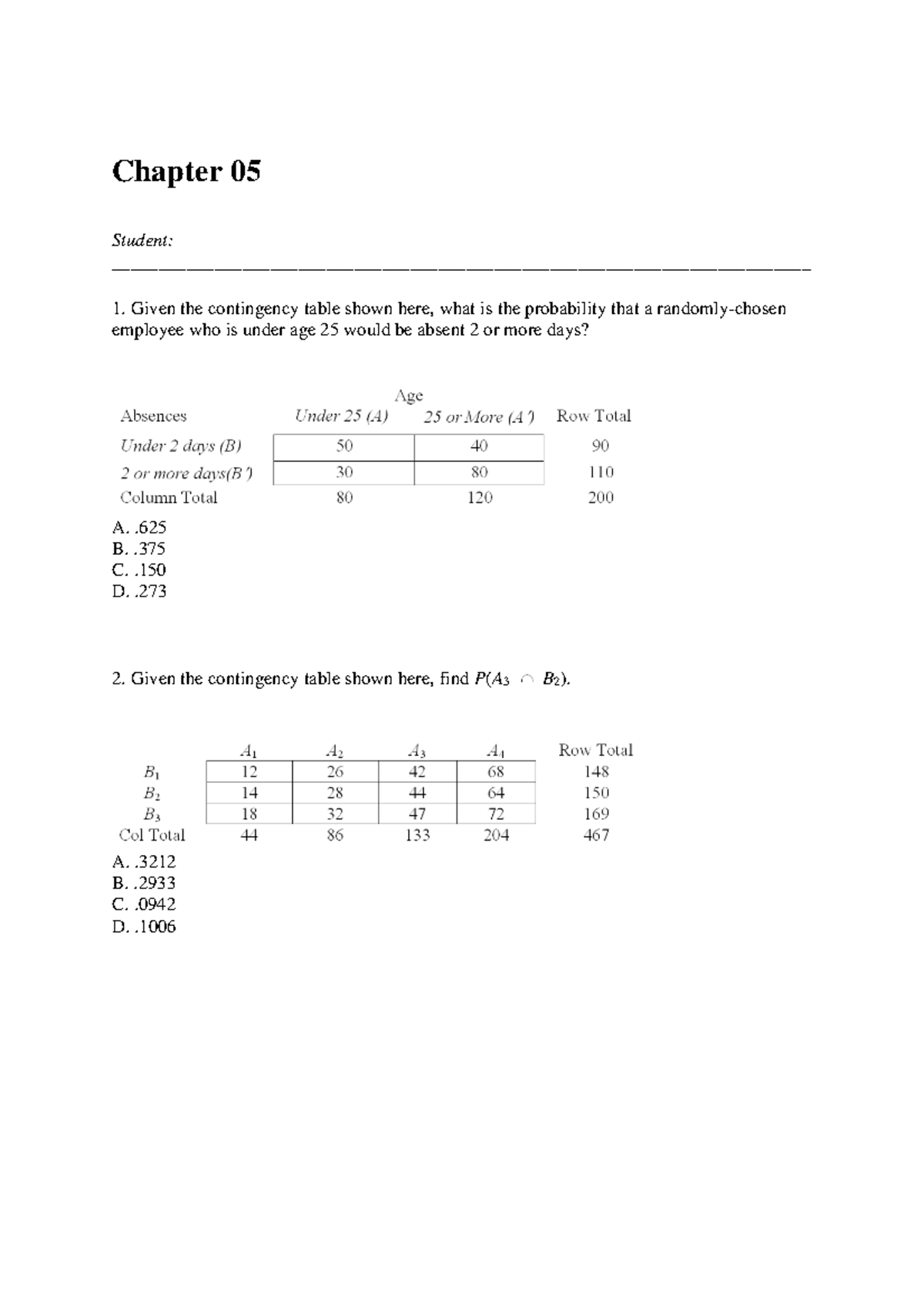Chapter 05 - Quiz - Probability Analysis and Contingency Tables - Studocu