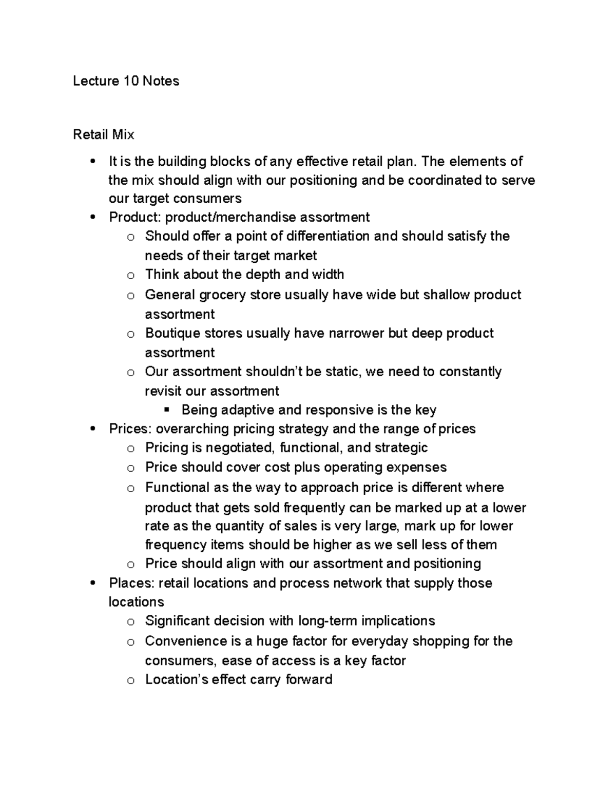 Lecture 10 Notes: Understanding the Retail Mix Elements - Studocu