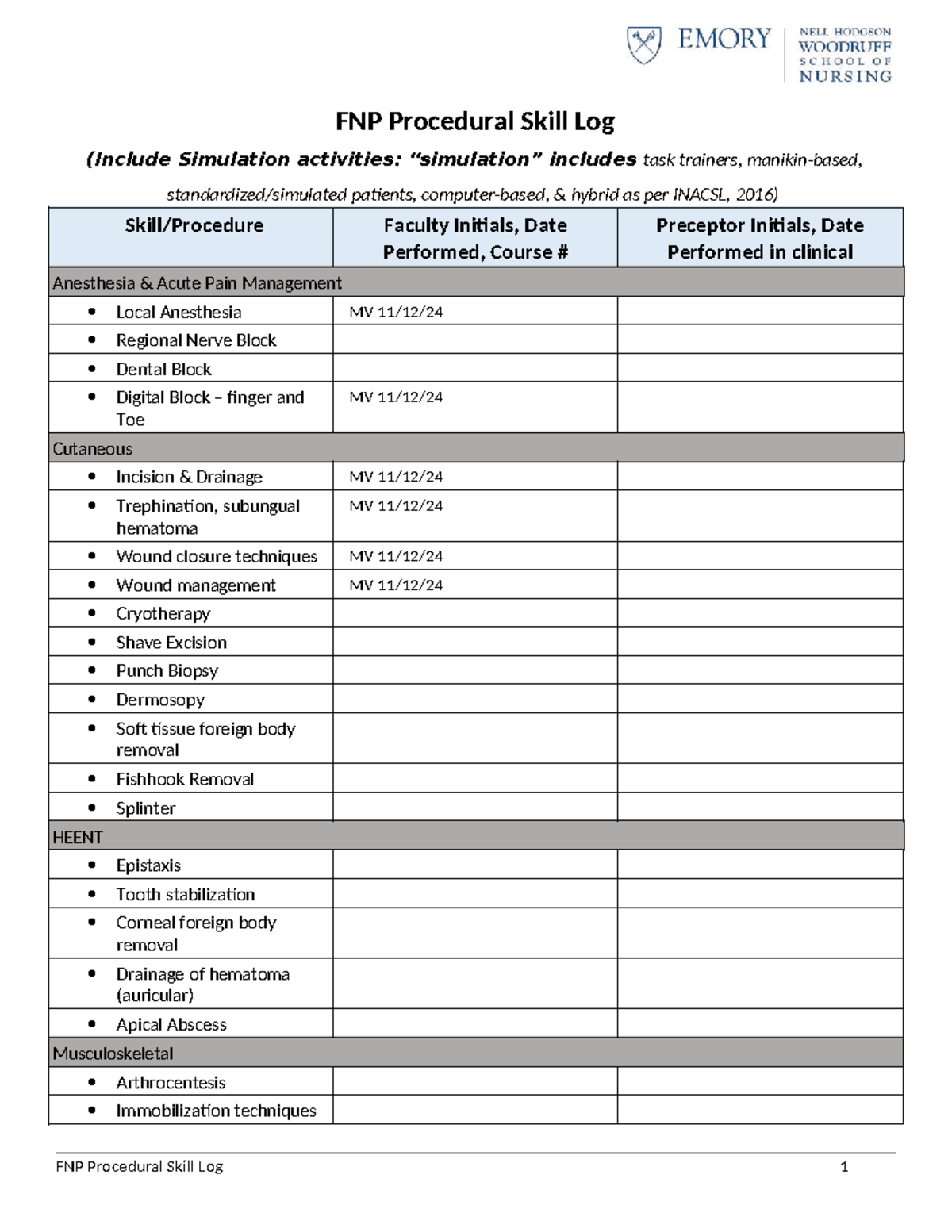 FNP Procedural Skills Log: Simulation & Clinical Activities Overview ...