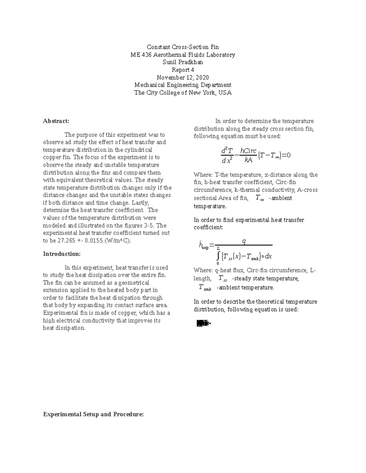 ME 436 Lab 4: Analysis of Heat Transfer in Constant Cross-Section Fin ...