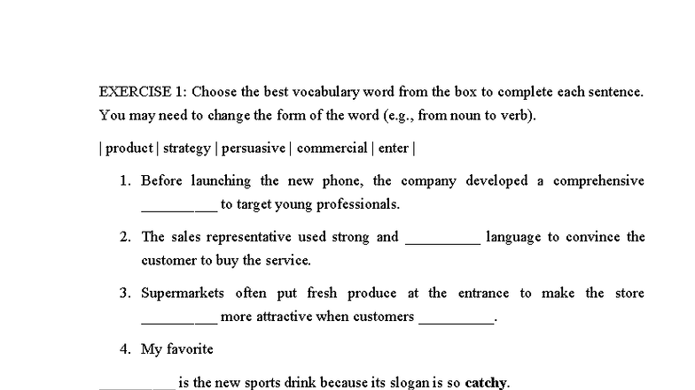 ENG 101: Exercise 1 - Vocabulary Completion Activity - Studocu