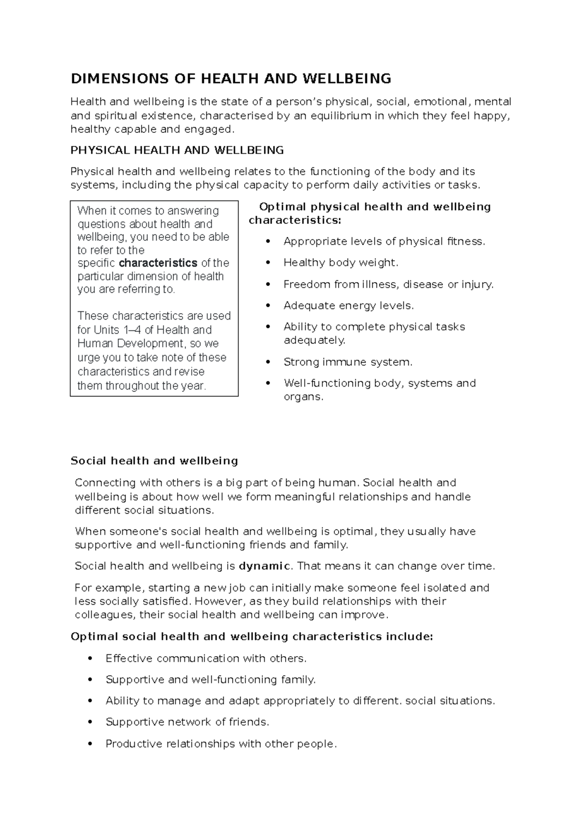 Health and Human Development: Dimensions of Wellbeing (Weeks 1-4) - Studocu