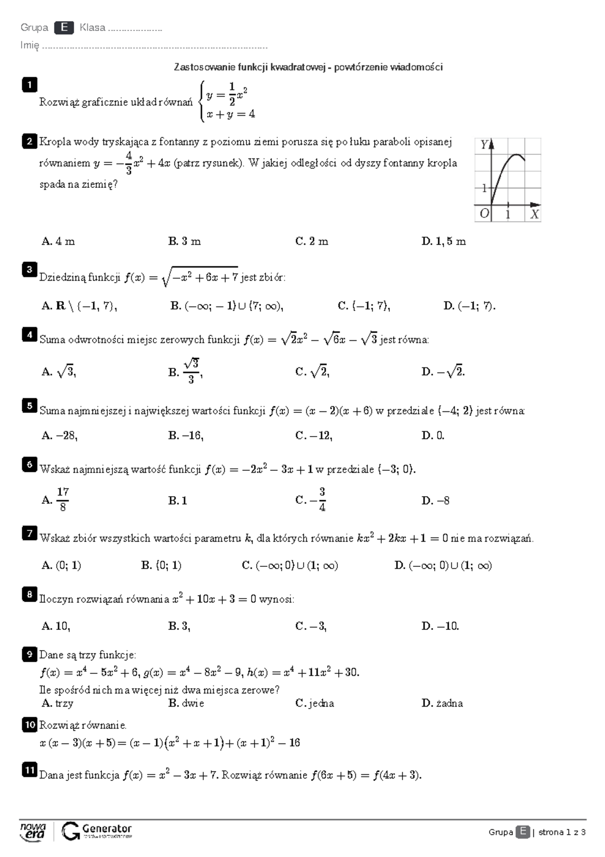 Sprawdzian Z Funkcji Kwadrstowej Grupa B