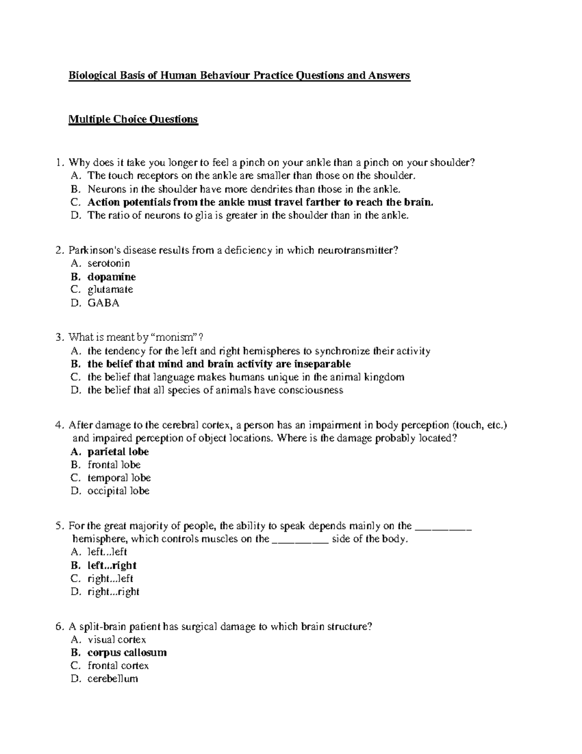 Biological Basis of Human Behavior: Practice Q&A for Exam Prep - Studocu