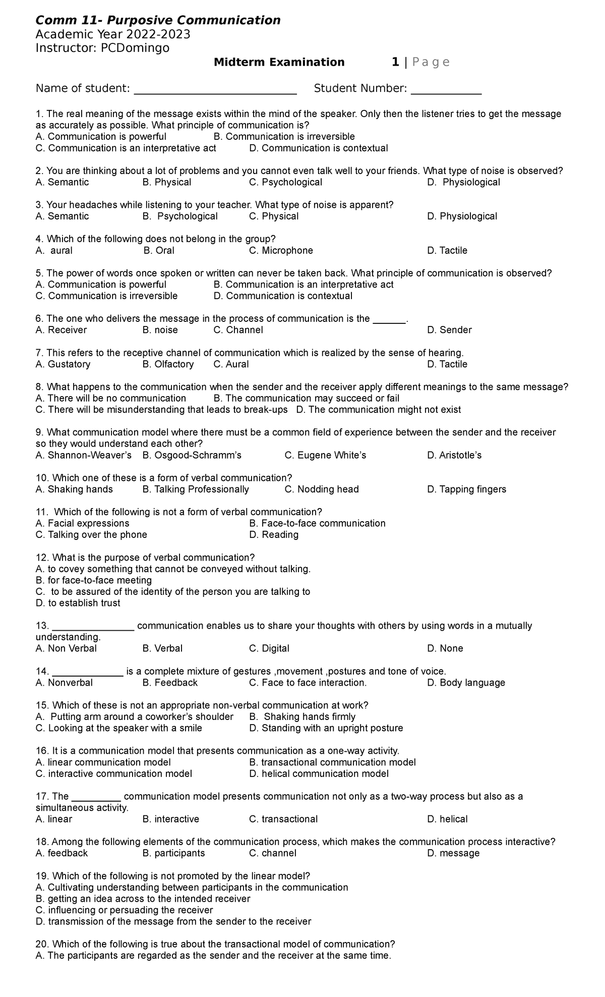 Comm 11 Midterm Exam: Purposive Communication Questions & Answers - Studocu
